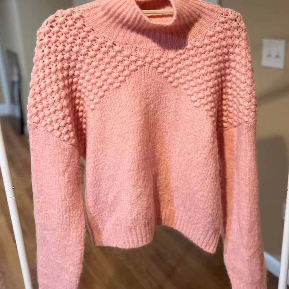 Free People Pink Cowl Turtleneck Sweater with Textured Knit and Cropped Fit